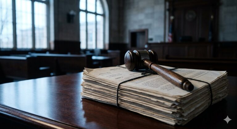 裁判所の法廷にあるガベル(木槌)と鑑定評価書類