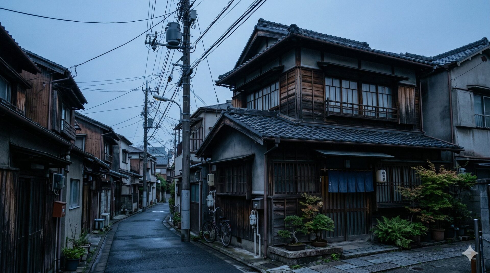 早朝の日本の住宅街。木造2階建の借地権付建物が並ぶ路地