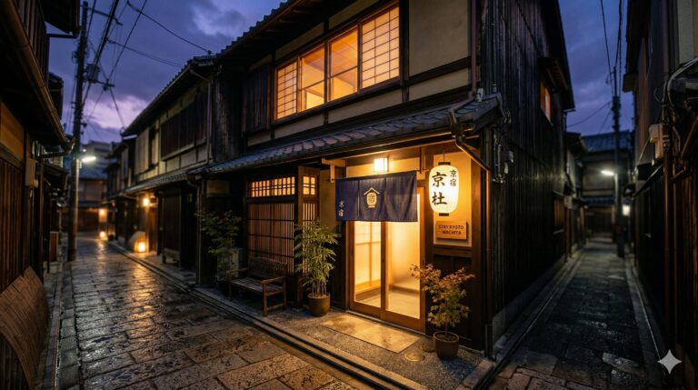 夕暮れ時の京都風町家民泊施設 - 和風の宿泊施設外観