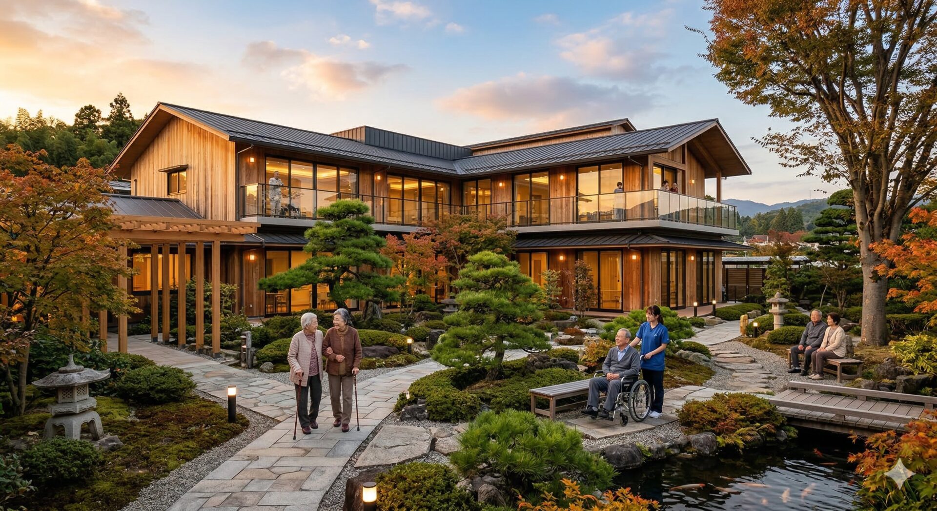 和風木造建築の介護施設外観と庭園を散歩する高齢者