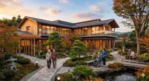 和風木造建築の介護施設外観と庭園を散歩する高齢者