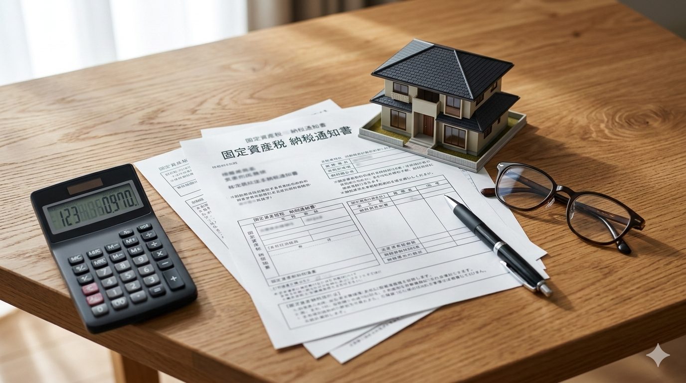 固定資産税納税通知書と電卓と家の模型が置かれたデスク