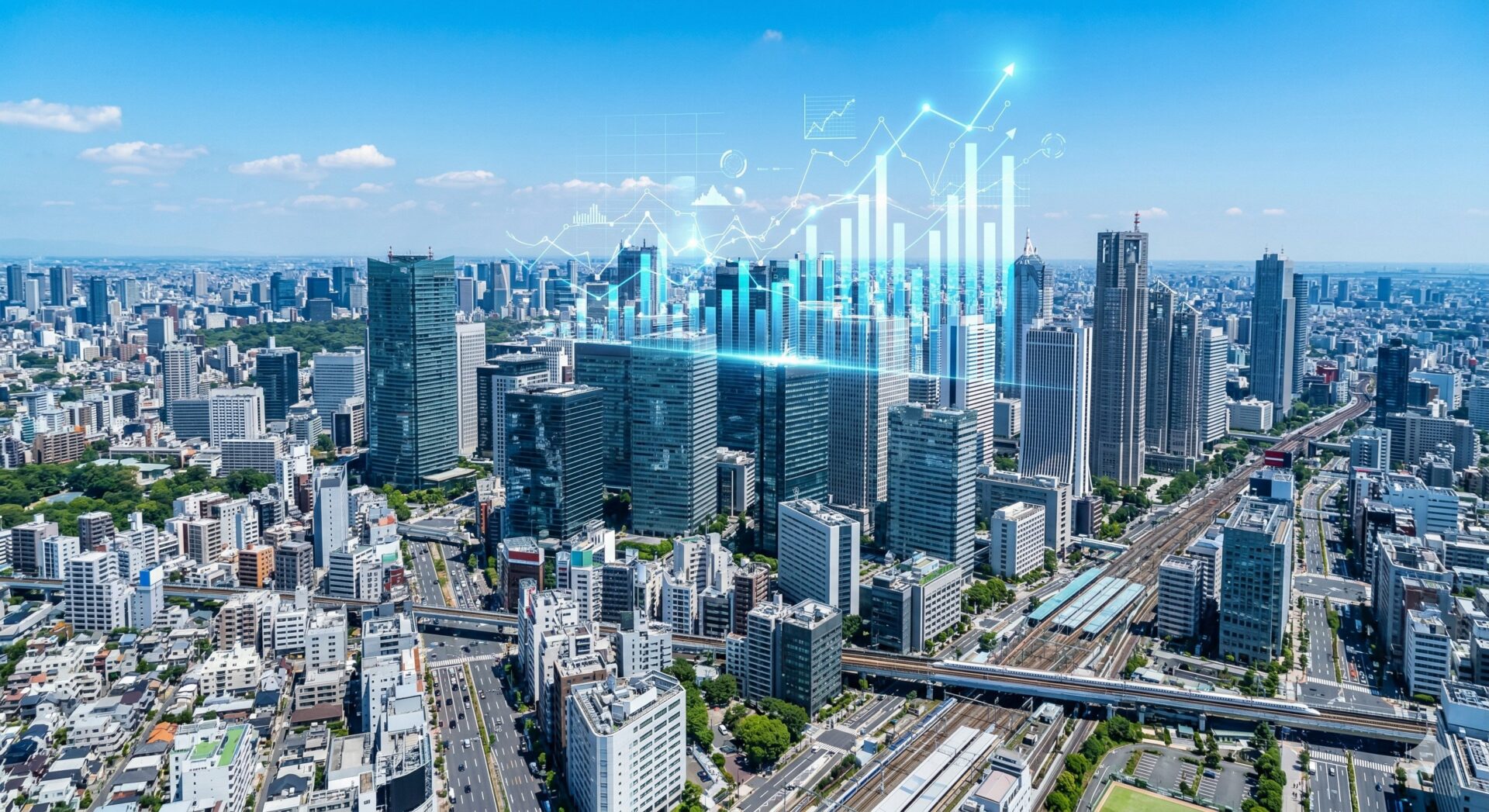 REITと不動産鑑定評価の関係を象徴する東京都心のビル群と金融データ