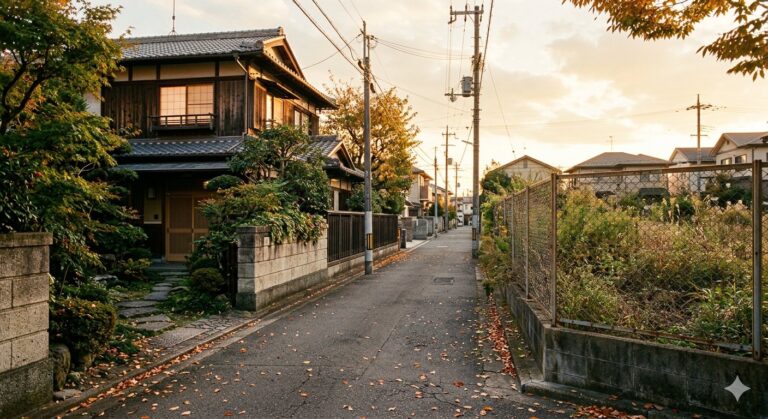 夕暮れ時の日本の住宅街の路地と底地・借地の境界を感じさせる風景