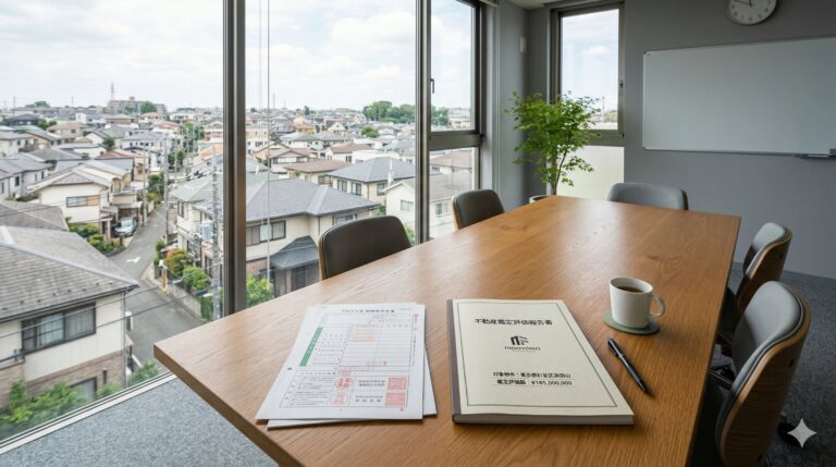 モダンな会議室の窓から住宅街を望む風景。テーブルに税務書類と鑑定評価書が並び、相続税評価と鑑定評価の比較を示唆するイメージ