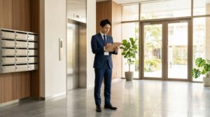 中古マンションのエントランスで共用部分を確認する不動産鑑定士