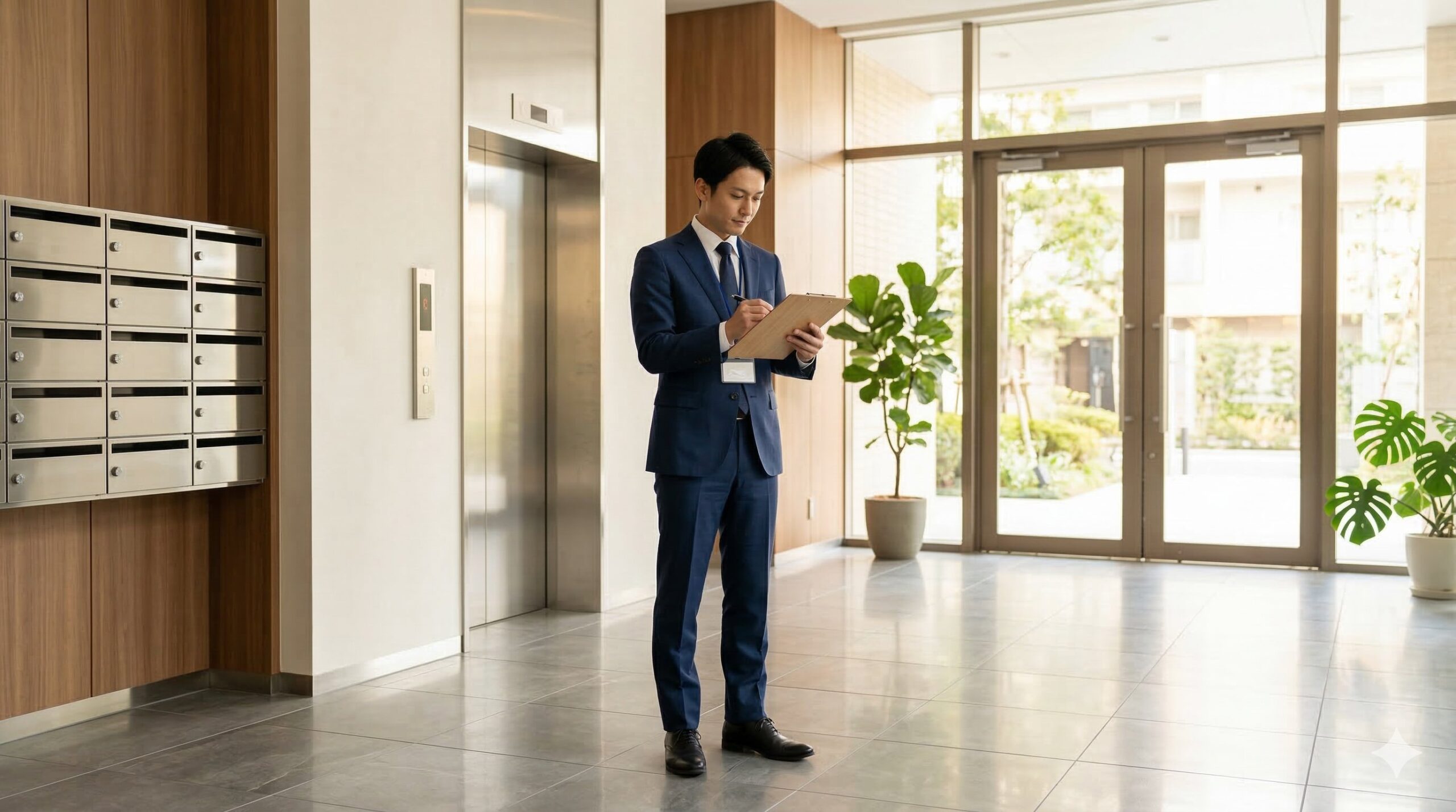 中古マンションのエントランスで共用部分を確認する不動産鑑定士