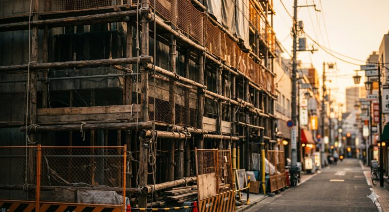 建設費高騰時代における中古不動産の資産価値変化 - 日本の商店街に建つ建設足場のゴールデンアワー
