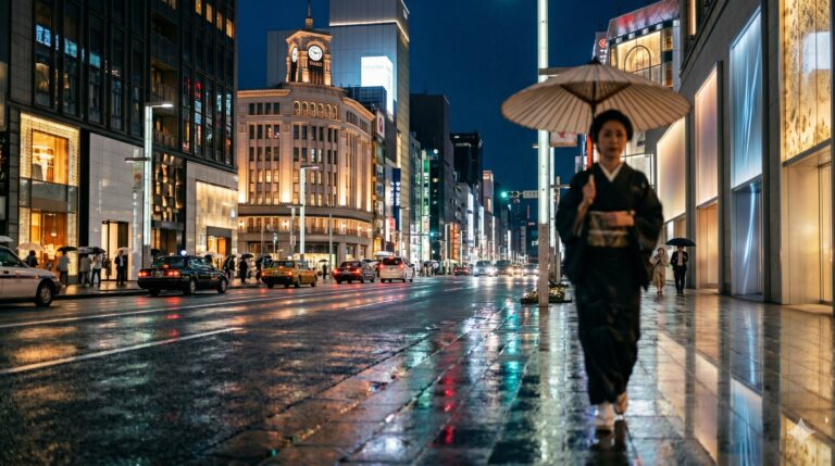 雨上がりの銀座中央通りの夜景。和光時計塔が中央左奥に見え、和装の女性が右手で傘を持って歩く。都心3区の最高価格帯の商業地を象徴する構図
