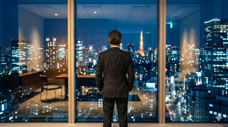 経営者が夜の東京を俯瞰しながら不動産の含み損益を考えているイメージ
