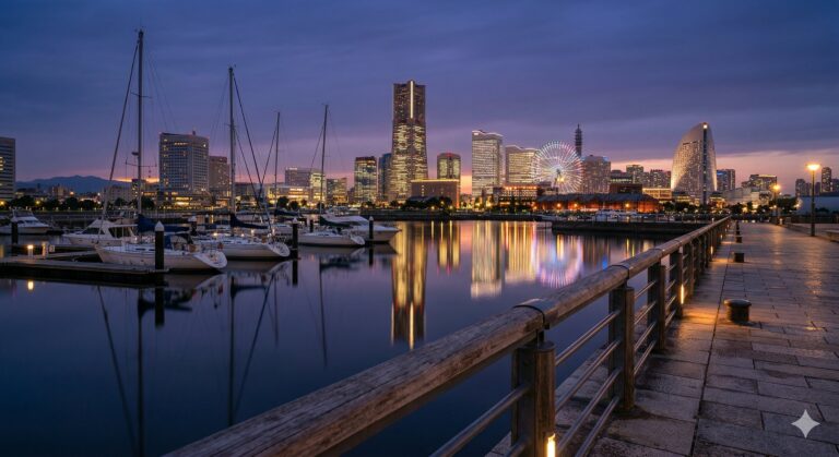 横浜みなとみらいの夕暮れと港湾の風景