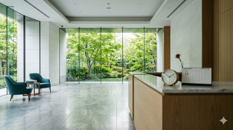 近代的なマンションのエントランスロビー。定期借地権付きマンションの資産価値と残存期間をイメージした写真。