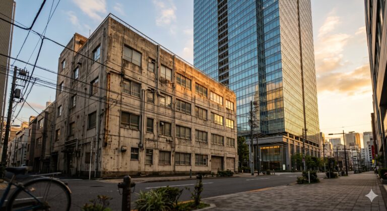 築古オフィスビルと近代的なガラス張りの高層ビルが並ぶ東京の街角（ゴールデンアワー）