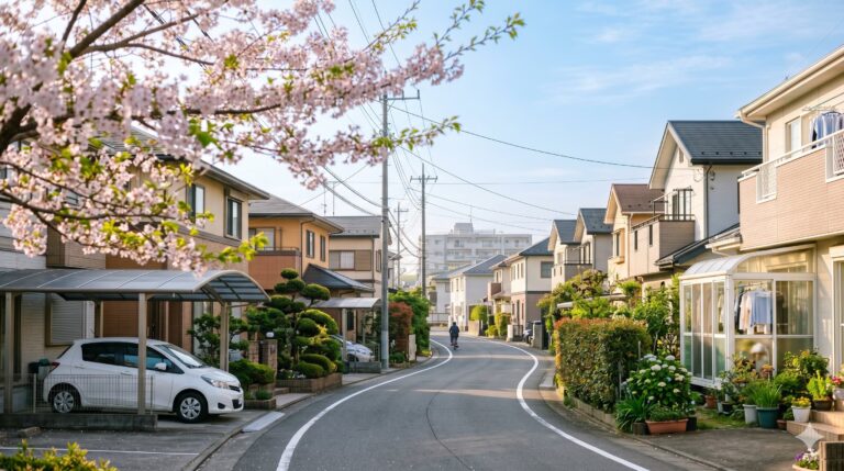 桜並木の郊外住宅街の朝。ストリートレベルから見た千葉県流山市あたりの新興住宅地のイメージで、二拠点居住・サテライトオフィス需要を象徴する構図。
