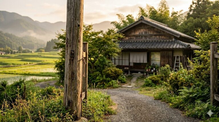地方の田園風景の中に佇む古民家と砂利道