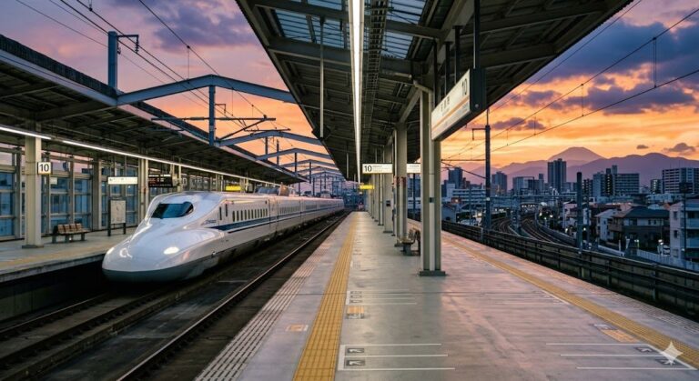 埼玉県の不動産鑑定をイメージした新幹線駅ホームの夕暮れ