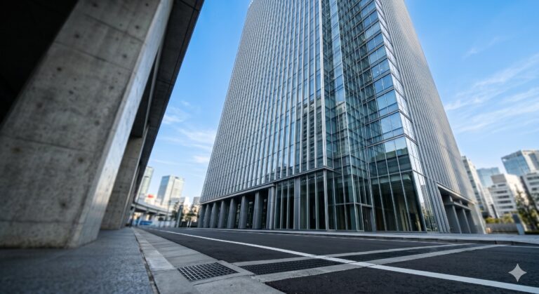 等価交換方式による築古ビル建替えのイメージ：東京の近代的なガラス張りオフィスビルを低アングルから見た構図