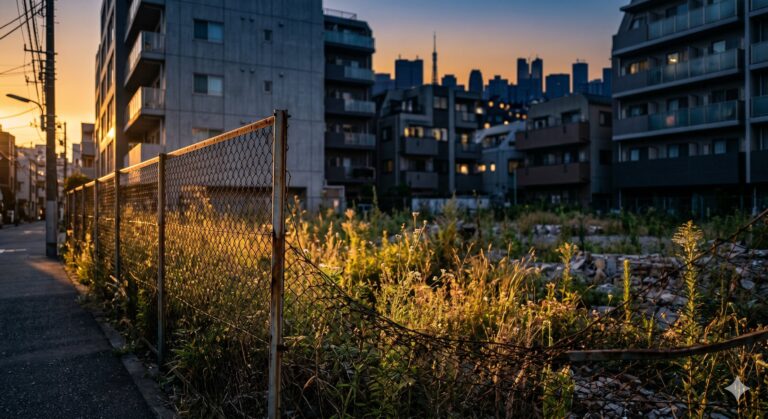 東京都内の遊休地(空き地)と周辺のビル群・夕暮れの風景