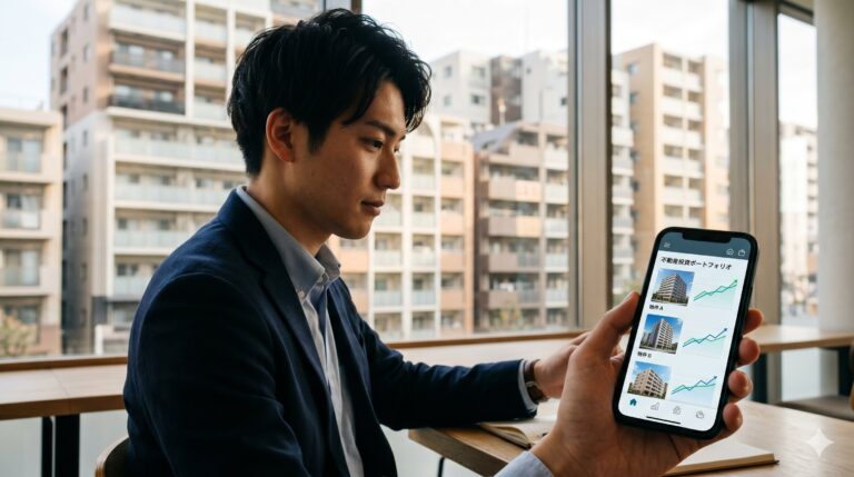 不動産特定共同事業(FTKスキーム)クラウドファンディング型不動産投資のイメージ。スマートフォンで不動産投資ポートフォリオを確認するビジネスパーソン