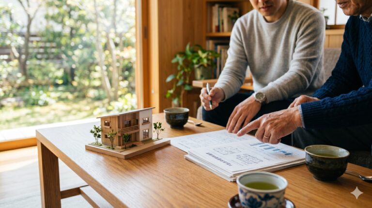 春の朝光が差し込む日本住宅のリビングで、テーブル上の家屋模型と書類を囲み、年配の親と成人した子が談笑する場面。家族信託における不動産価値の合意・世代承継を象徴する構図。