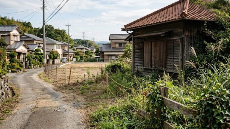 雑草が茂る古い木造の空き家と、隣接する更地が並ぶ日本の地方住宅街