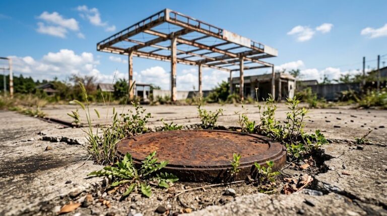 ガソリンスタンド跡地のひび割れたコンクリートに残る地下貯蔵タンクのマンホールと、背景の空になったキャノピー