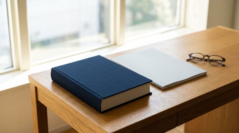 明るい窓辺の木製デスクに並ぶ、厚く製本された濃紺の報告書と薄い無地の簡易な報告書、傍らに置かれた眼鏡
