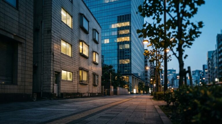 夕暮れのオフィスビル街。窓に明かりが灯る築古の雑居ビルと、奥にそびえる新しいガラス張りのオフィスビル