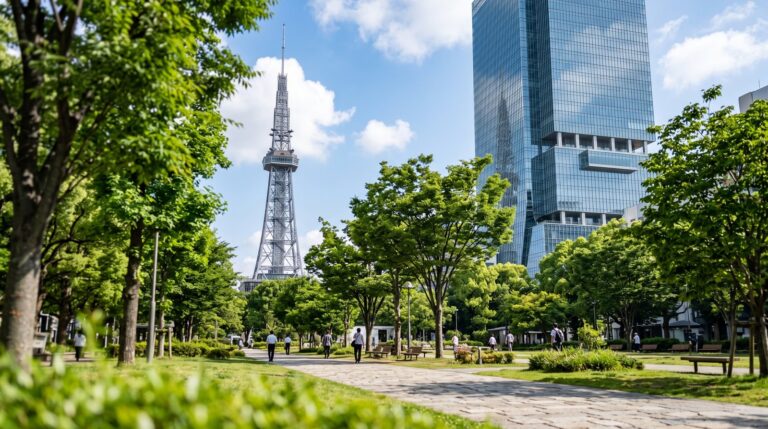 名古屋・栄の久屋大通公園。緑の並木越しにテレビ塔とガラス張りの超高層ビルを見上げる晴天の風景