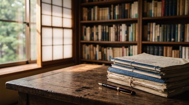 書斎の机に置かれた資料の束と万年筆