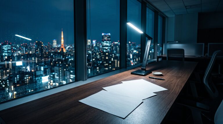 夜のオフィスのデスクに広げられた3枚の書類と、窓の外に広がる東京の夜景