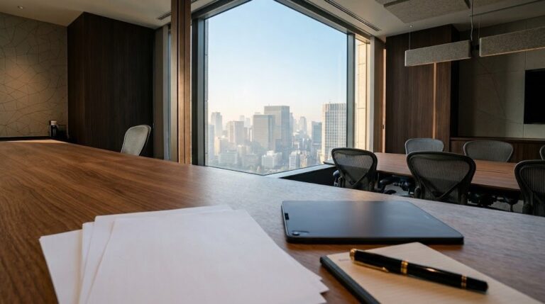 東京の高層オフィスビル上層階の会議室。テーブルに書類とタブレットが置かれ、窓の外にオフィスビル群が広がる
