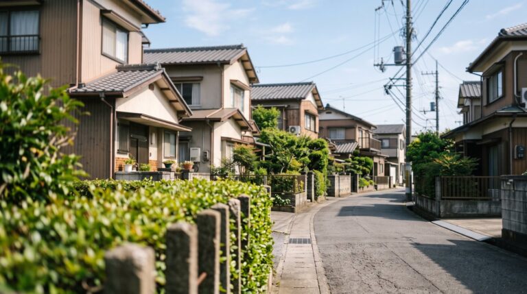 初夏の日本の郊外住宅地。手前に生垣とコンクリートの境界杭、奥に瓦屋根の木造二階建て住宅が並ぶ生活道路をストリートレベルから見た風景