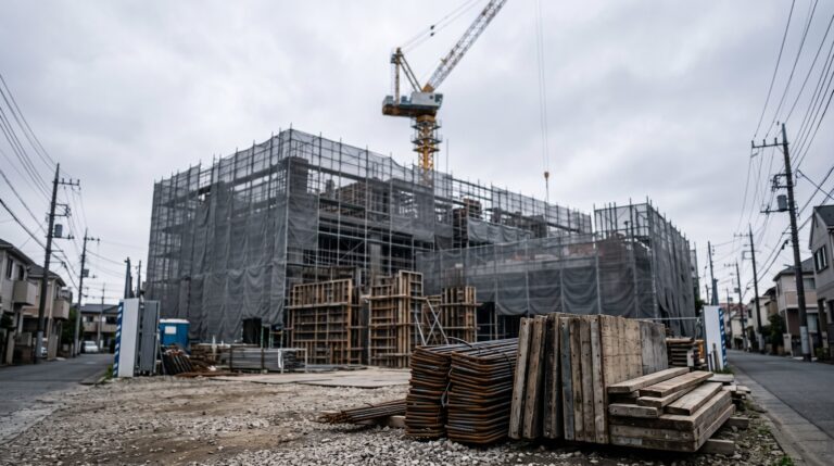 曇り空の下、足場とタワークレーンに囲まれた建設中のマンションと、手前に積まれた鉄筋・型枠材