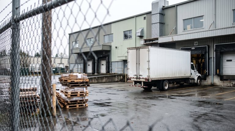 曇り空の下、金網フェンス越しに見える物流倉庫のトラックバース。荷降ろし中の白いトラックと積み重ねられたパレット