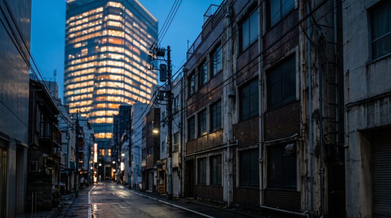 ブルーアワーの東京都心。路地の奥に明かりの灯る新築の大型オフィスビルがそびえ、手前の両側には窓が暗い築古の中小ビルが並ぶ