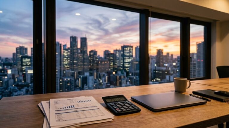 夕暮れの高層ビル群を望むオフィスのデスクに置かれた財務資料と電卓