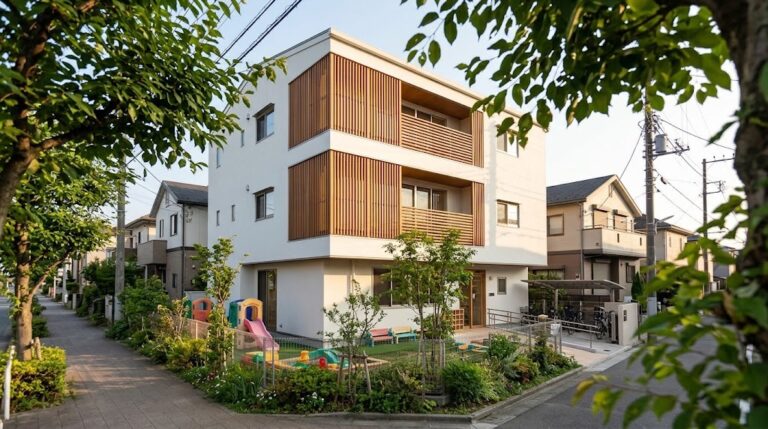 住宅街の歩道から見た園庭のある3階建ての保育施設の建物