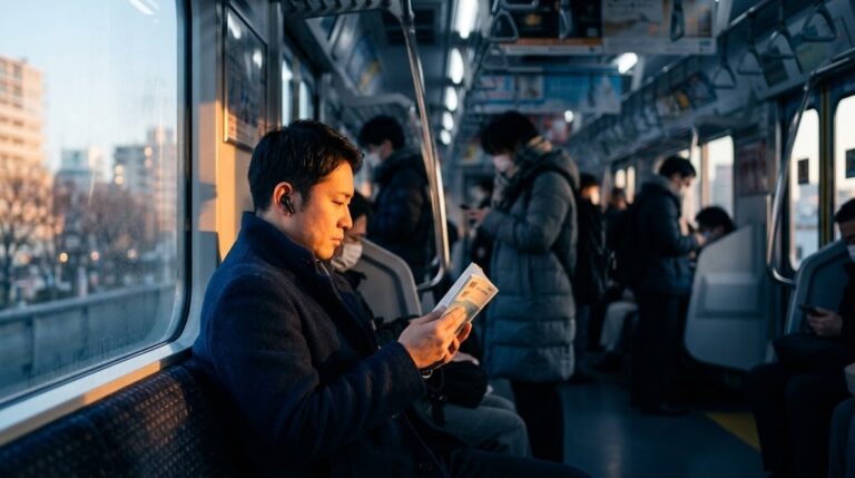 朝の通勤電車でイヤホンをつけて参考書を読む会社員