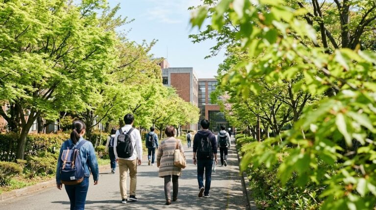 新緑の並木道を試験会場へ向かう不動産鑑定士試験の受験者たち