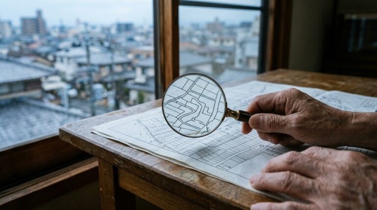 土地の区画図を虫眼鏡で確認する手元と窓の外の街並み