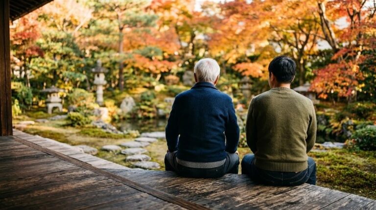秋の日本庭園を縁側から眺める父と息子の後ろ姿