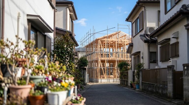 青空の下、住宅街の路地の奥で足場に囲まれた建て替え工事中の木造住宅の骨組みと手前の植木鉢