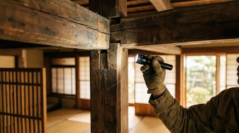 古い木造住宅の柱と梁の継ぎ目を懐中電灯で照らして点検する手元